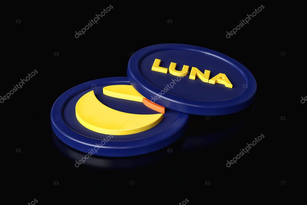 Luna Terra crypto tokens displaying logotype and ticker text abbreviation. High resolution 3D rendering.