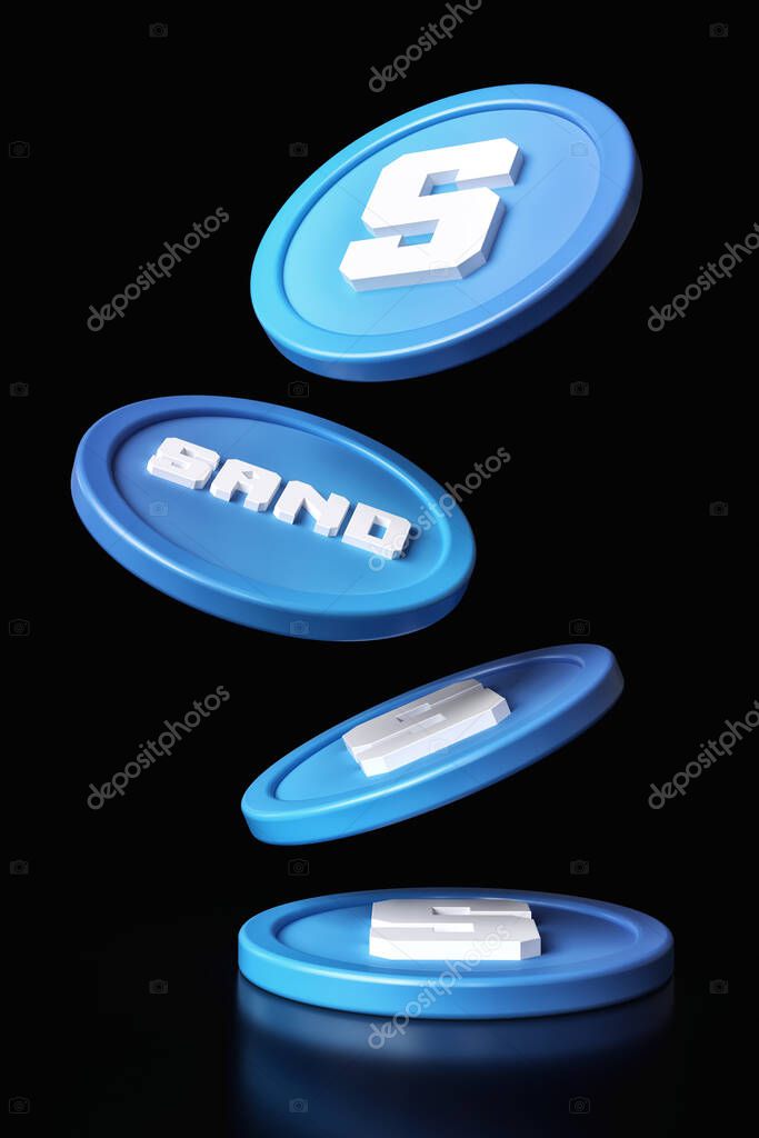 The Sandbox Sand crypto tokens falling on a shiny black surface. Design suitable for metaverse assets and virtual world concepts. High quality 3D rendering.