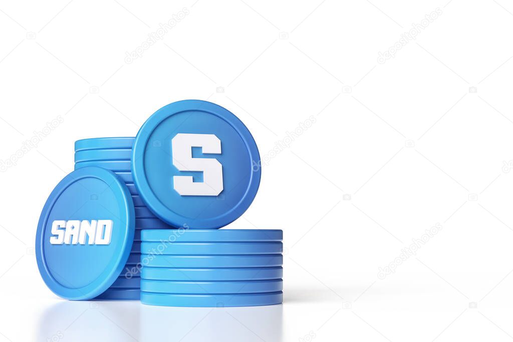 Stacks of The Sandbox metaverse tokens. Sand ticker abbreviation and symbol icon. High quality 3D rendering.