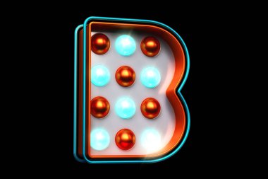 3 boyutlu B harfi mavi ampullü bakır rengi. Yüksek kalite 3B görüntüleme.