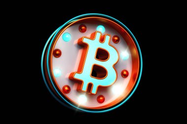 Bitcoin Btc logosu. Parlak mavi ampullü, turuncu 3D ışık kutusu. Yüksek kalite 3B görüntüleme.