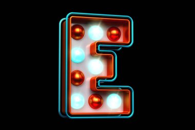 Metalik turuncu 3D harf E. Çekici parlak ampul yazı tipi. Yüksek kalite 3B görüntüleme.