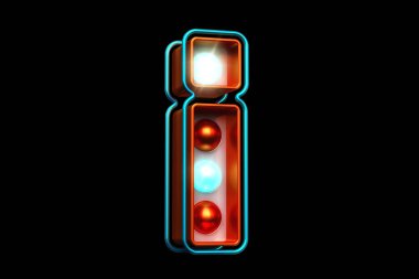 Parlak mavi ve bakır rengi ünlem işareti şeklinde bir ampul amblemi. Yüksek kalite 3B görüntüleme