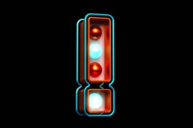 Metalik turuncu ve parlak mavi renkte ünlem işareti şeklinde ampullerle aydınlatma kutusu. Yüksek kalite 3B görüntüleme.