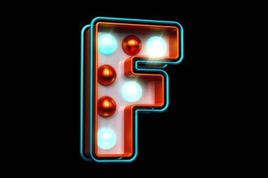 3D F harfi mavi ampullü bakır. Retro metalik tipografi. Yüksek kalite 3B görüntüleme.