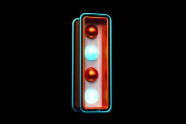 Metalik turuncu ve mavi ampullü 3 boyutlu bir harf. Yüksek kalite 3B görüntüleme.