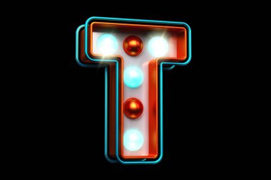 Sirk afişi 3D yazı tipi T, turuncu ve mavi. Ampullerin çekici, parlak yazı tipi. Yüksek kalite 3B görüntüleme