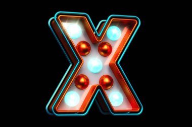 Metalik turuncu ve parlak mavi noktalı bakır X harfi. Yüksek kalite 3B görüntüleme.