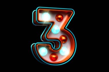 Parlak ampullü Retro modern 3D yazı tipi. 3 numara metalik turuncu ve mavi ışıkları var. Yüksek kalite 3B görüntüleme.