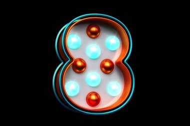 Renkli 3D ampul tipografisi. Parlak mavi ışıkları olan 8 numara bakır. Yüksek kalite 3B görüntüleme.