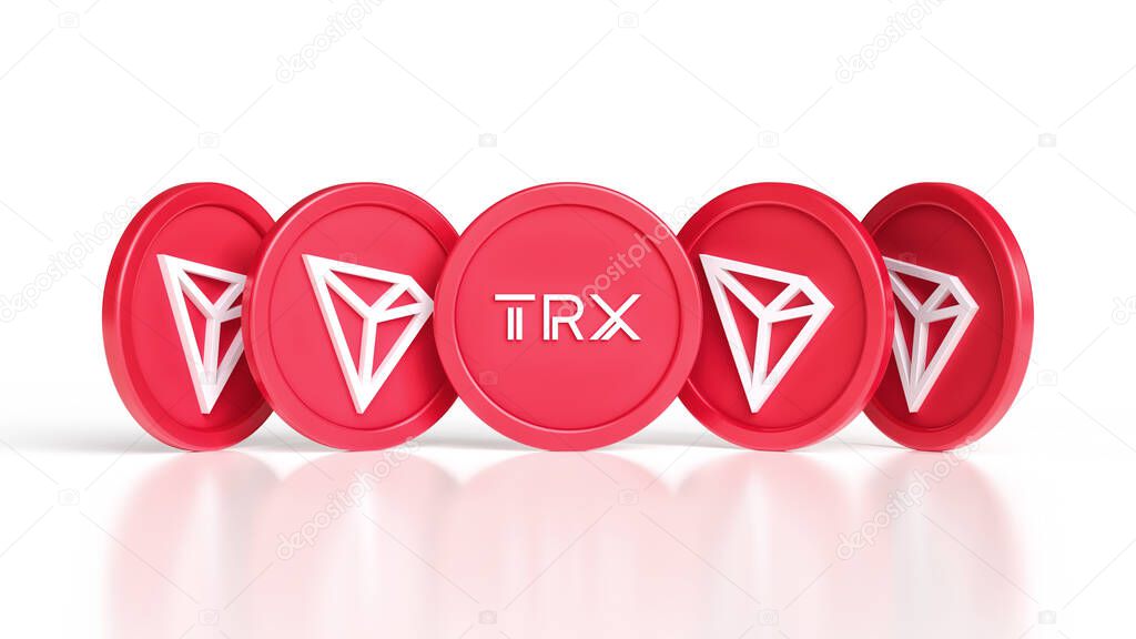 Tron Trx crypto coins seen from several different angles. Illustrative design suitable for cryptocurrency network concepts. High quality 3D rendering.