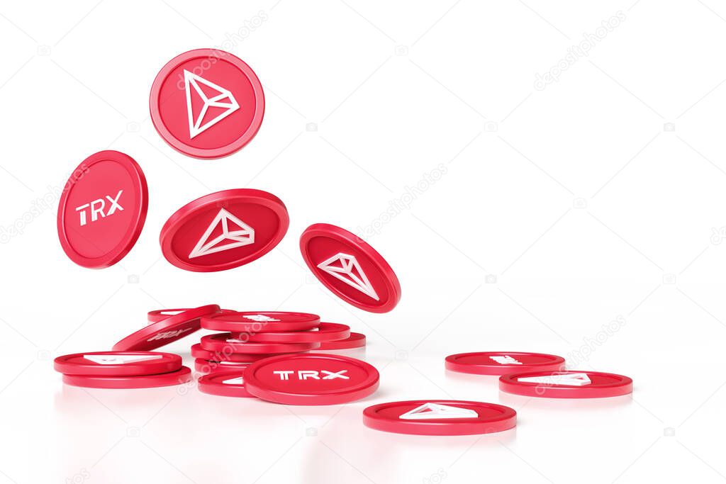 Trx Tron cryptocurrency illustration of falling tokens and stacks of coins isolated on white background. Suitable for illustrating news and blog contents.  High quality 3D rendering.