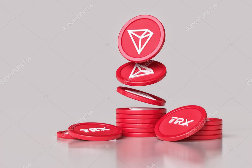 Tron Trx crypto tokens in motion forming a stack. Design suitable for cryptocurrency networks concepts. High quality 3D rendering.