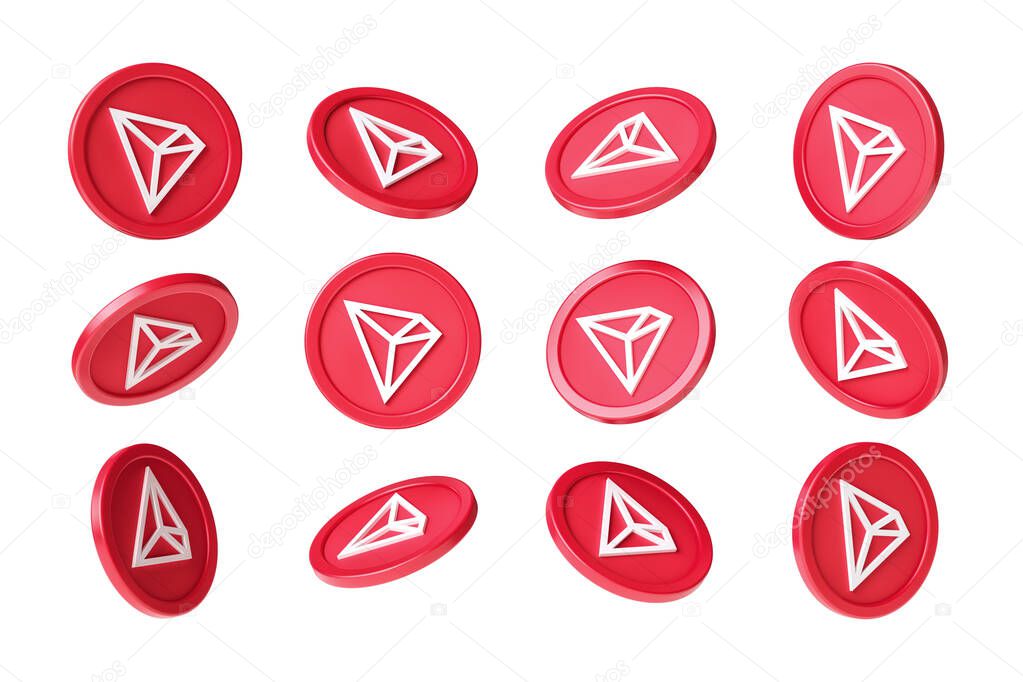 Tron Trx cryptocurrency isolated tokens with different rotations and points of view. Suitable for creating compositions with dynamic moving coins. High quality 3D rendering.
