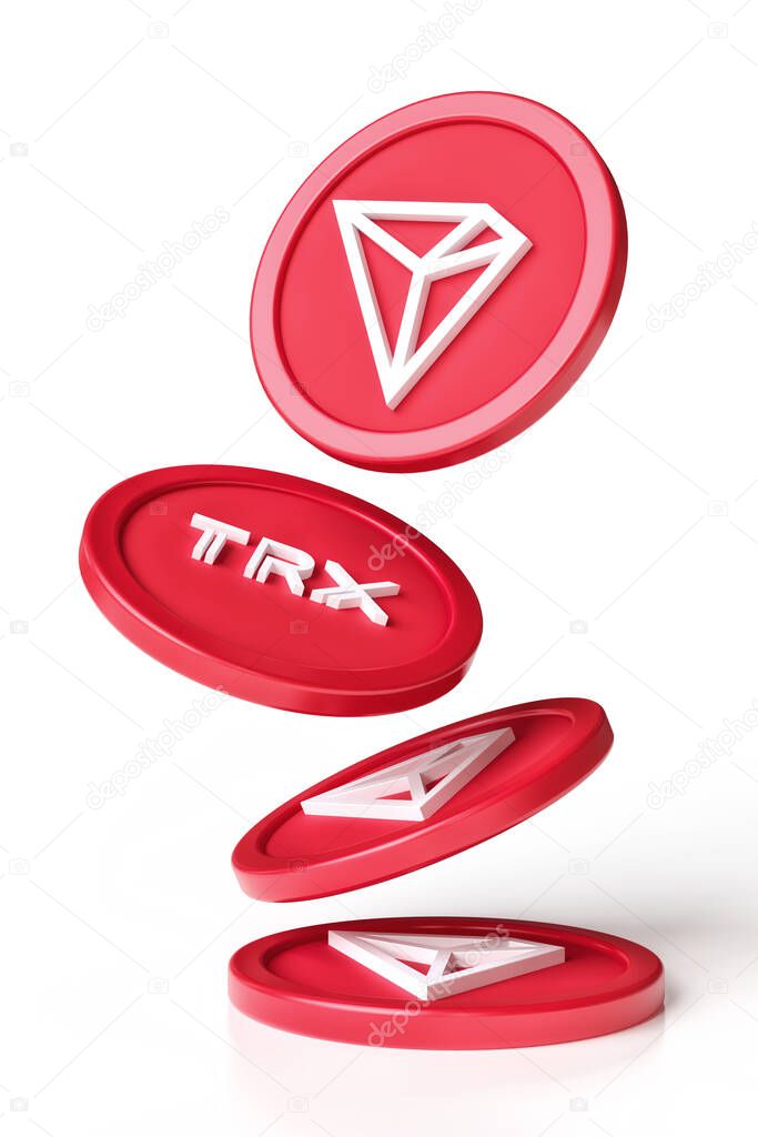 Set of Tron Trx cryptographic round coins falling on a white surface. Design suitable for cryptocurrency network concepts. High resolution 3D rendering.