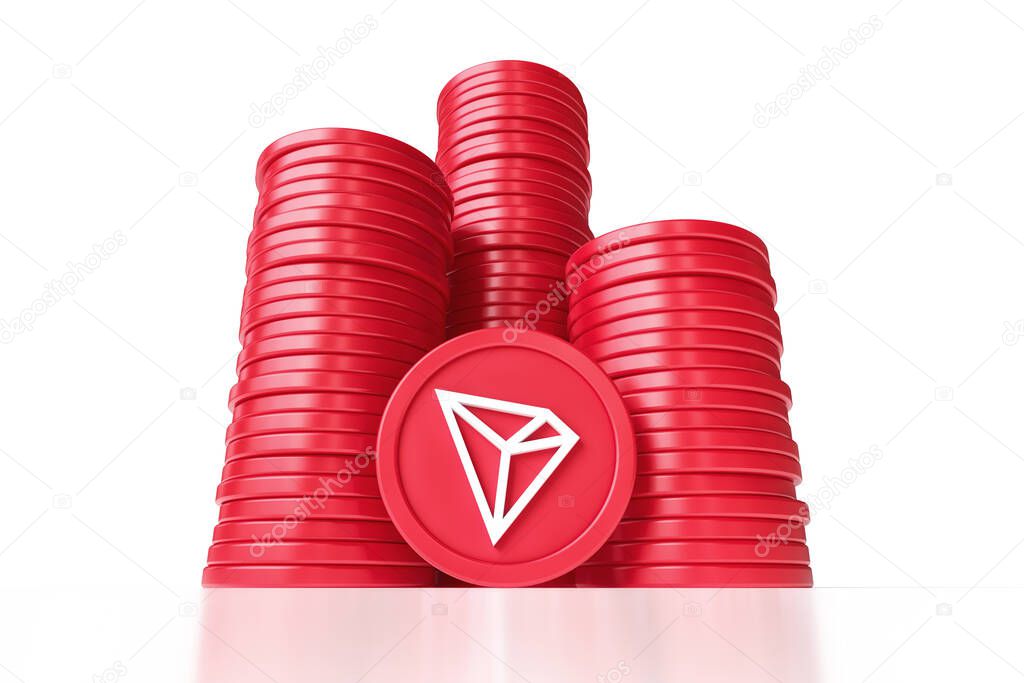 Lots of Tron Trx crypto coins from a ground point of view. Illustrative concept of digital asset investments. High quality 3D rendering.