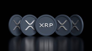 Xrp dalgalanma kriptopara çizgili jetonlar siyah arkaplanda farklı açılardan görülüyor. Dijital varlık kavramları için resimli tasarım. Yüksek kalite 3B görüntüleme.