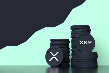 Xrp kripto para birimi jetonları boğa gibi arka plan çizgisinin önüne istiflenmiş. Resimli tasarım dijital varlık kavramları için uygundur. Yüksek kalite 3B görüntüleme.