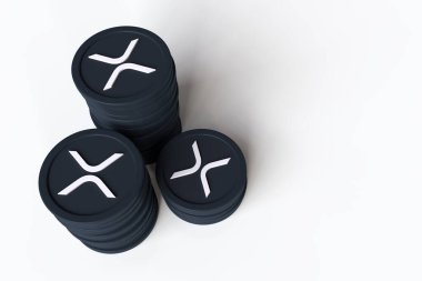 XRP dalgalı madeni para yığınları tepeden görülüyor. Kripto para birimlerinin ticareti ve konseptlerin toplanması için uygun. Yüksek kalite 3B görüntüleme.
