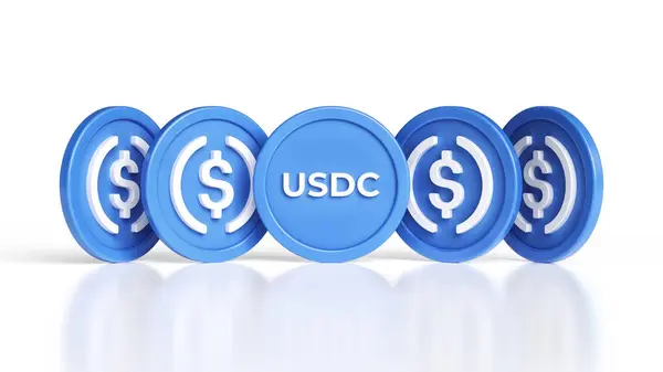 白い表面に隔離されたいくつかの異なる角度から見られる5UdコインUdc安定コインのセット 仮想通貨の概念に適したイラストデザイン 高品質の3Dレンダリング — ストック写真