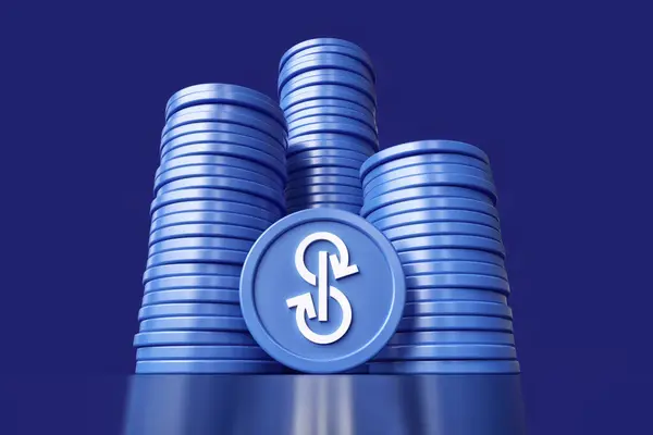 Stacked Cryptocurrency Stacks Yearn Finance Dark Blue Background Lower Viewing — Stock Photo, Image