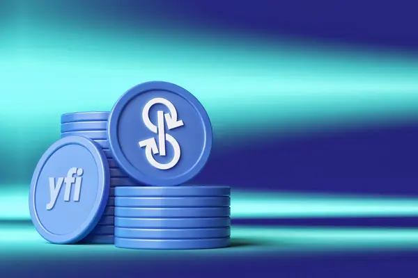 Yearn Finance Digital Coin Stacks Blue Turquoise Color Scheme Yfi — Stock Photo, Image