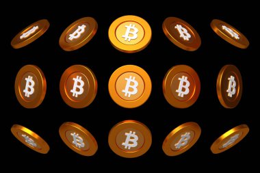Farklı açılardan izole edilmiş Bitcoin Btc şifreleme paraları. Dijital varlık ve blok zinciri kavramları için dinamik görüntüler oluşturmak için idealdir. Yüksek kalite 3B görüntüleme