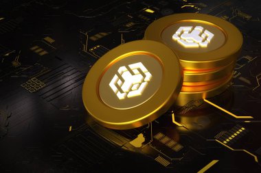 Elektronik devre kartında sarı ışıklı Bnb Smart Chain jetonları. Şifreleme ve altpara kavramlarını resmetmek için uygun tasarım. Yüksek kalite 3B görüntüleme