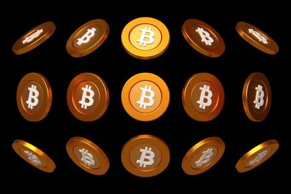 Set Isolated Bitcoin Btc Cryptocurrency Tokens Different Angles Ideal Composing — Stock Photo, Image