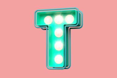 Circus marquee 3D yazı tipi T harfi mavi ve yumuşak pembe. Ampullerin çekici, parlak yazı tipi. Yüksek kalite 3B görüntüleme