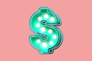 Su yeşili ve yumuşak pembe 3D dolar sembolü. Ampul afiş yazı tipi. Yüksek kalite 3B görüntüleme