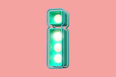 Deniz mavisi ve yumuşak pembeyle ünlem işareti şeklinde bir ampul. Yüksek kalite 3B görüntüleme