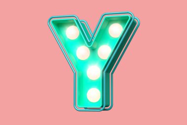 Üç boyutlu neon noktalar alfabe harfi Y, mavi ve yumuşak pembe. Çekici parlak ampul yazı tipi. Yüksek kalite 3B görüntüleme.
