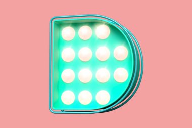 Parlak pembemsi ampulleri olan 3 boyutlu D harfi. Yüksek kalite 3B görüntüleme