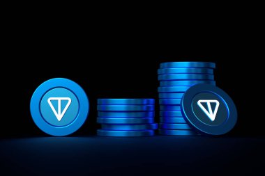 Toncoin Ton şifreleme madeni para yığınları koyu arkaplanda. Altyazı ve dijital varlık kavramlarını resmetmek için uygun tasarım. Yüksek kalite 3B görüntüleme.