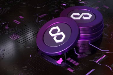 Elektronik devre kartında siyah renkli, parlak ışıklı poligon Matic jetonlar. Şifreleme ve altpara kavramlarını resmetmek için uygun tasarım. Yüksek kalite 3B görüntüleme.