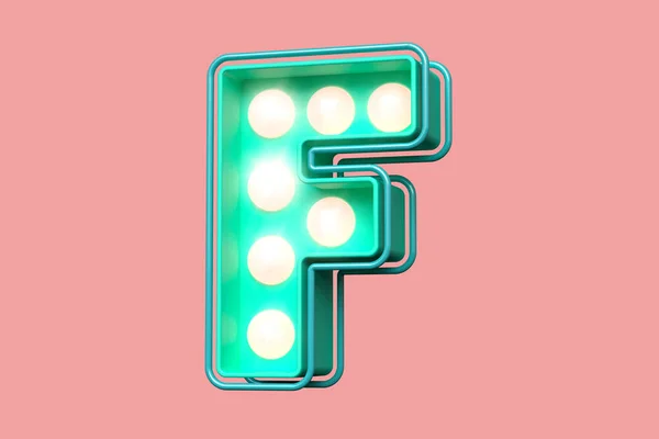 3D字母F在水草绿色与粉色灯泡 现代高品质3D渲染排版 — 图库照片