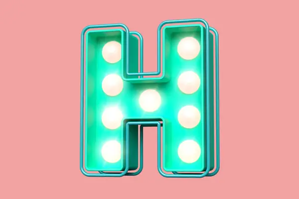 アクアグリーンとライトピンクの3Dブランドタイポグラフィ ライト バルブの設計が付いている目を引く手紙H 高品質の3Dレンダリング — ストック写真