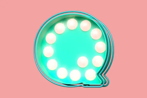 3Dレンダリングのマーキーフォントデザイン 柔らかいピンクの電球が付いている金属のティールの手紙Qをつかむ目 — ストック写真