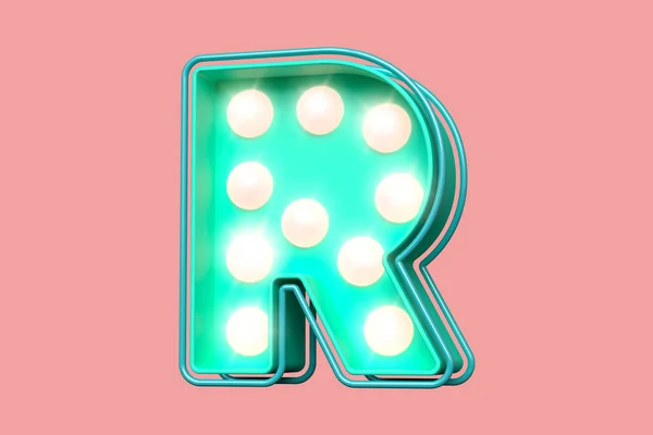 3D渲染灯泡Marquee排版 浅绿色带明亮柔和粉红眼圈的R字形醒目 — 图库照片
