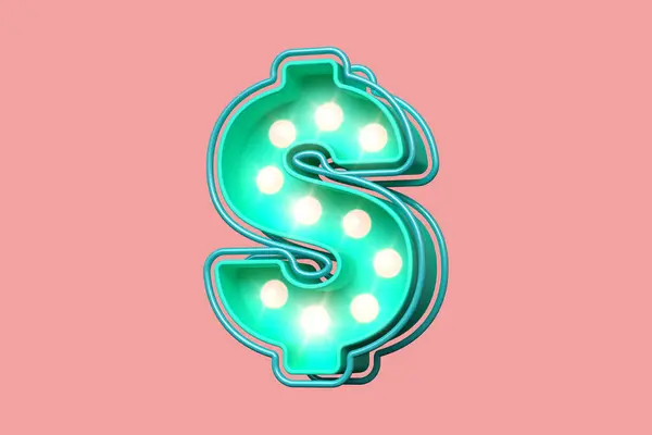Dolar Symbol Aqua Zielony Miękki Różowy Żarówka Marquee Czcionka Wysokiej — Zdjęcie stockowe