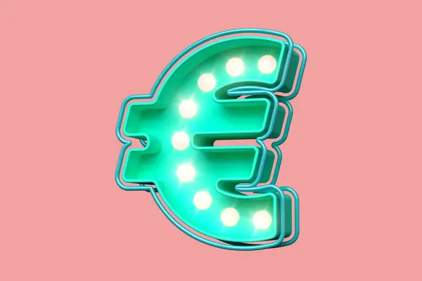 Euro Symbol Teal Soft Pink 灯泡Marquee排版 高质量3D渲染 — 图库照片