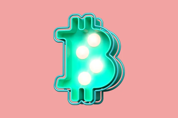 Gloeilamp Marquee Bitcoin Logo Teal Zacht Roze Hoge Kwaliteit Rendering — Stockfoto