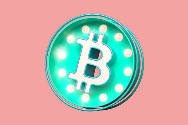 Bitcoin Btc Logo Lightbox Teal Met Felle Zachte Roze Gloeilampen — Stockfoto