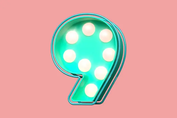Luminous number 9 in teal with light pink dots. Colorful 3D light marquee bulb font. High quality 3D rendering