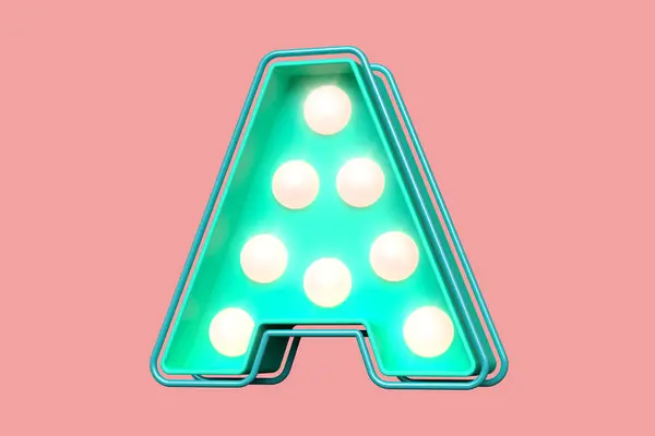 ティールとピンクの照明3D文字A ライト電球付きのモダンスタイルのレタリングデザイン 高品質の3Dレンダリング — ストック写真