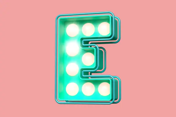 ライトピンクのアクアグリーンの3D文字E 魅力的な玄関のライト電球のフォント 高品質の3Dレンダリング — ストック写真