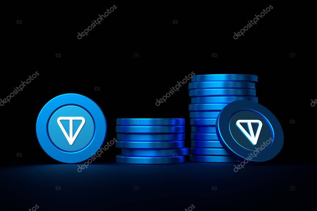 Toncoin Ton cryptocurrency coin stacks on dark background. Design suitable to illustrate altcoin and digital asset concepts. High quality 3D rendering.