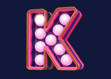 Açık renkli 3D harf K pembe ve mavi. Ampullü gösterişli harf dizaynı. Yüksek kalite 3B görüntüleme.