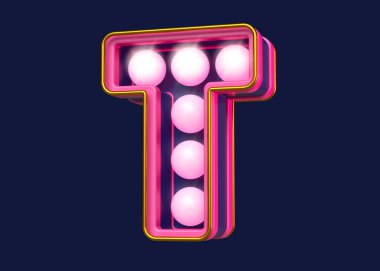 Afişte 3D harfler, T harfi pembe ve mavi. Ampullerin çekici, parlak yazı tipi. Yüksek kalite 3B görüntüleme.